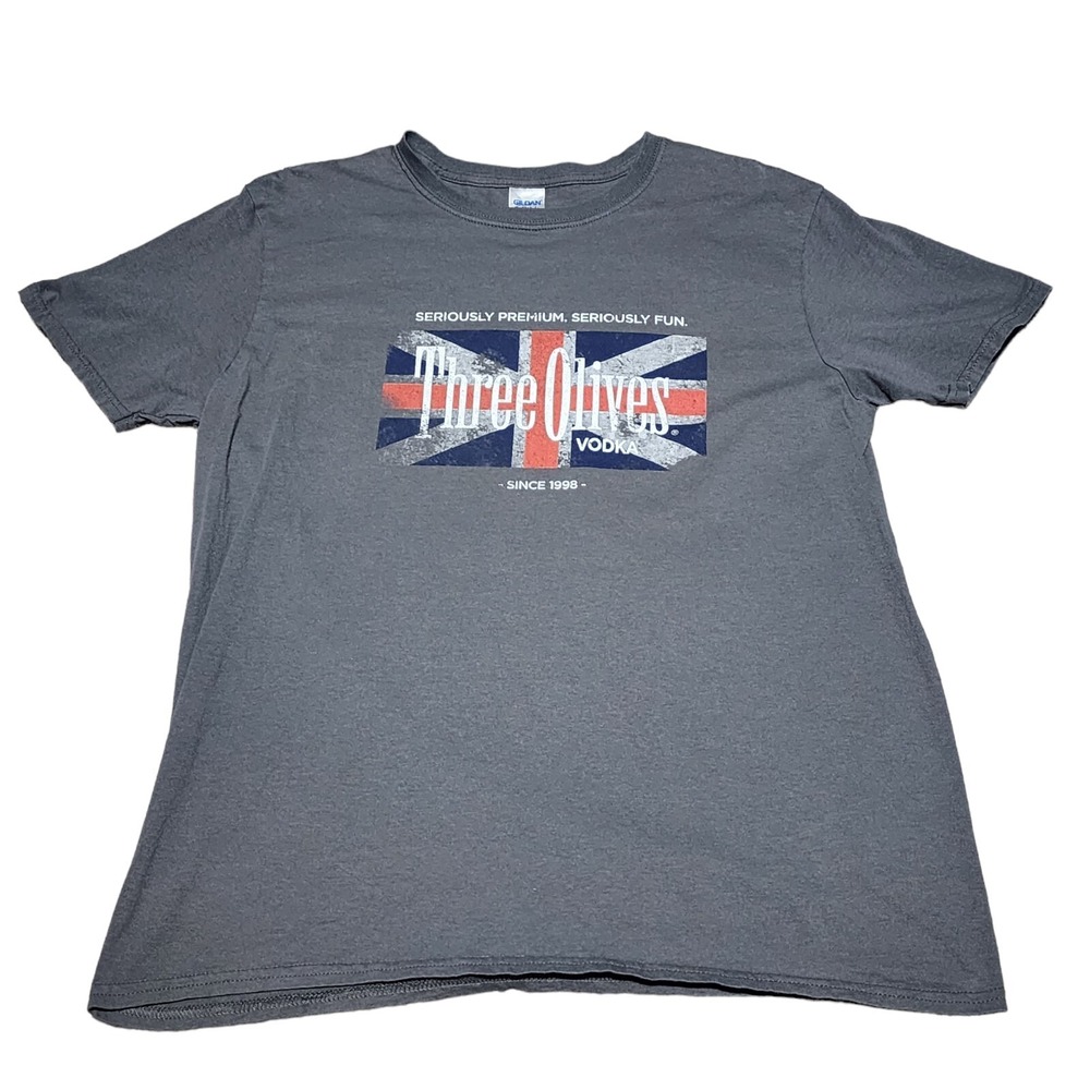 Three‎ Olives Vodka Shirt Mens Size Large Gray Alcohol UK Promo Advertisement